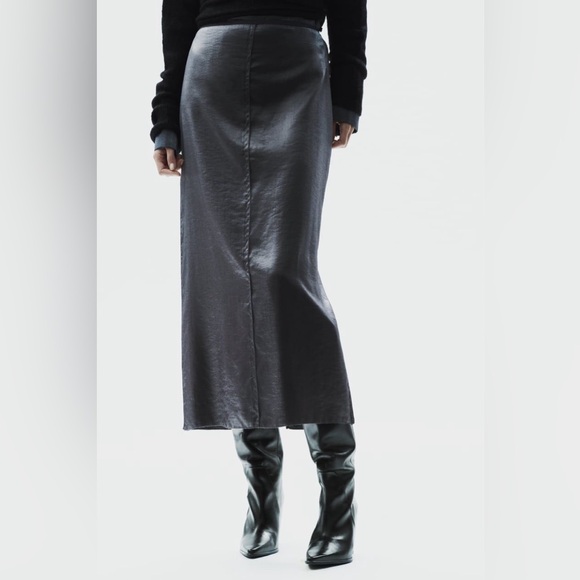 Zara NWT Iridescent Metallic Foil Effect Midi Skirt in Silver Grey Gunmetal XL - Picture 2 of 9